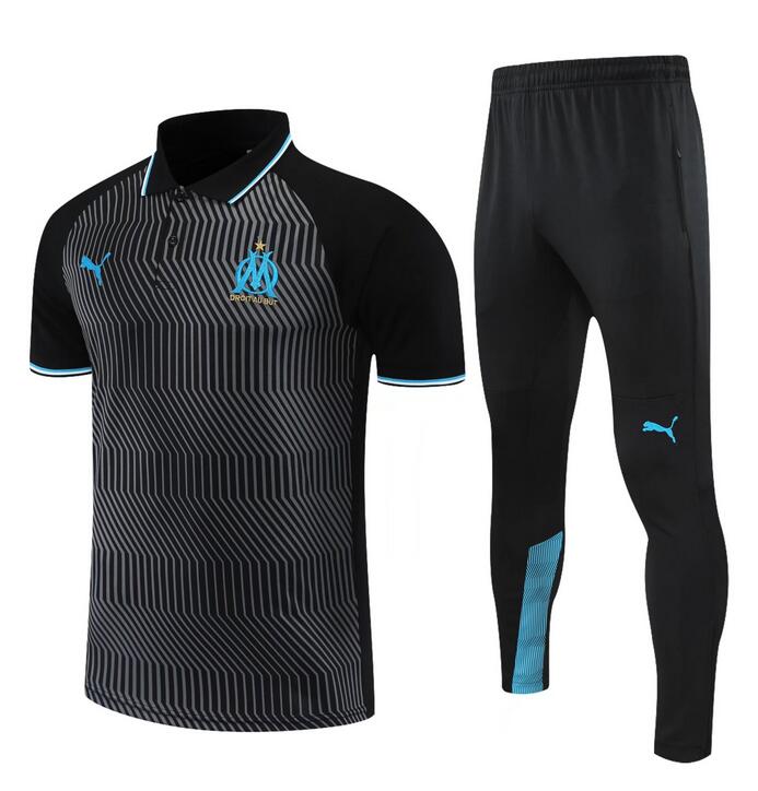 2021/22 Marseille Black Polo Kits Shirt with Pants